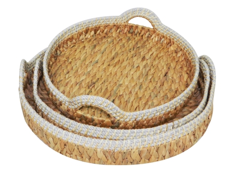 3pc round water hyacinth tray with rope rim